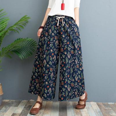 Женские осенние вышитые брюки, широкие брюки, этнические хлопковые и пеньковые, вышитые, свободные, для пожилых людей среднего возраста, эластичные брюки