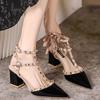 Temperament Wind! Rivet Sandals Spring Thick Heel Pointed High Heels Women's Hollow Nude Single Shoes