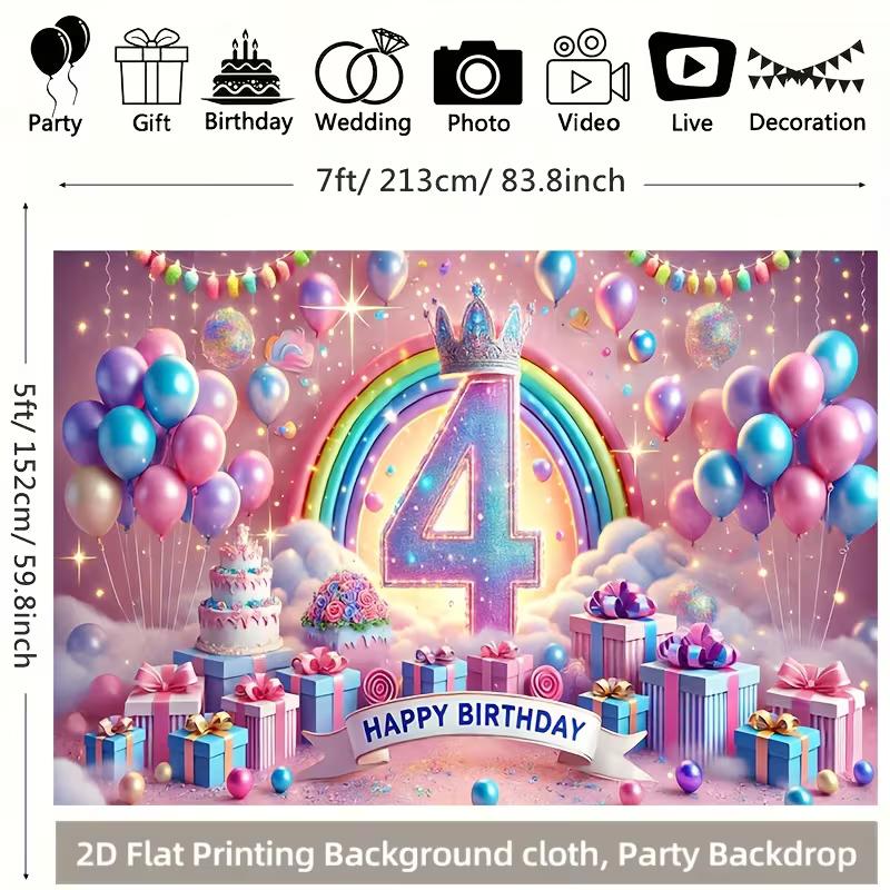 2D Kids 4th Birthday Backdrop with Gifts, Cake & Rainbow for Toddler Party