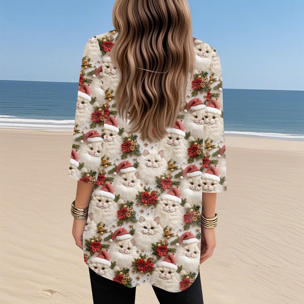 Женские топы с V-образным вырезом и рукавом 3/4, повседневные блузки средней длины, модные туники с рождественским принтом и карманами