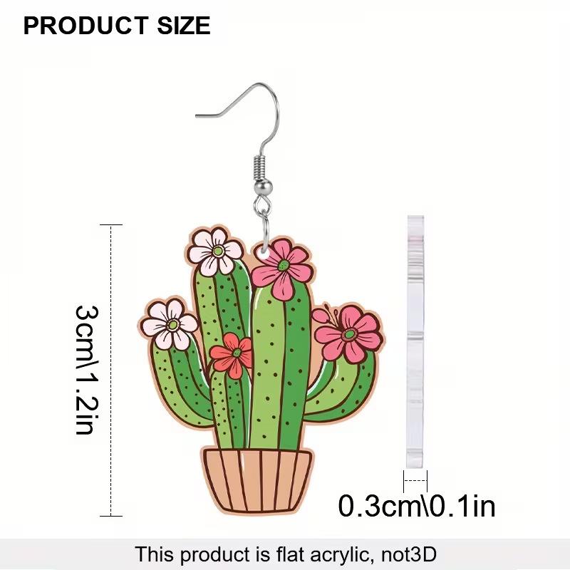 Cross-border new spring plant cactus potted earrings 2D flat acrylic Mexican five-section earrings