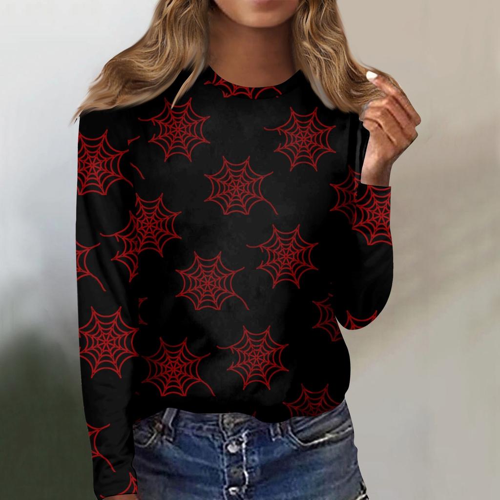 Women's Casual Fashion Halloween Print Long Sleeve O-Neck Pullover Top Blouse