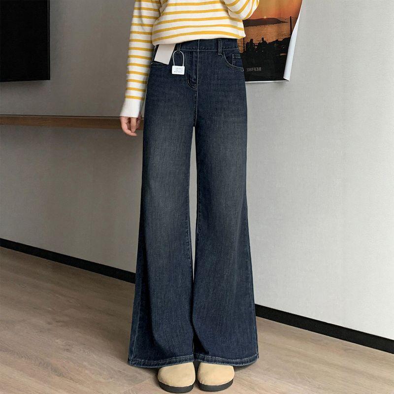 Dark Blue Flared Jeans for Women, New Summer Style for Plus-Size Girls, High-Waisted, Slimming, Pear-Shaped Body, Straight-Leg Flared Pants