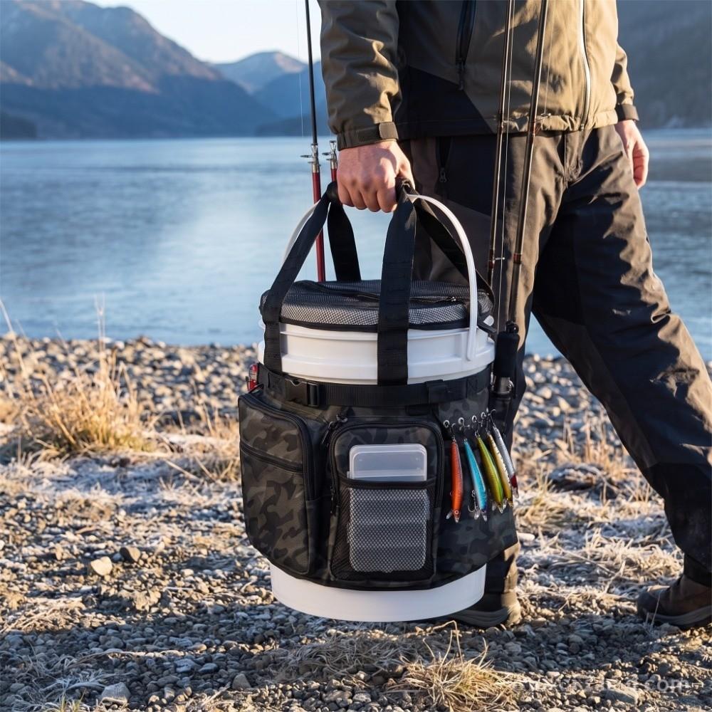 Camouflage Fishing Bucket Organizer Multi-Pocket Bucket Gear Bag Bucket Tool Bag Outdoor Fishing