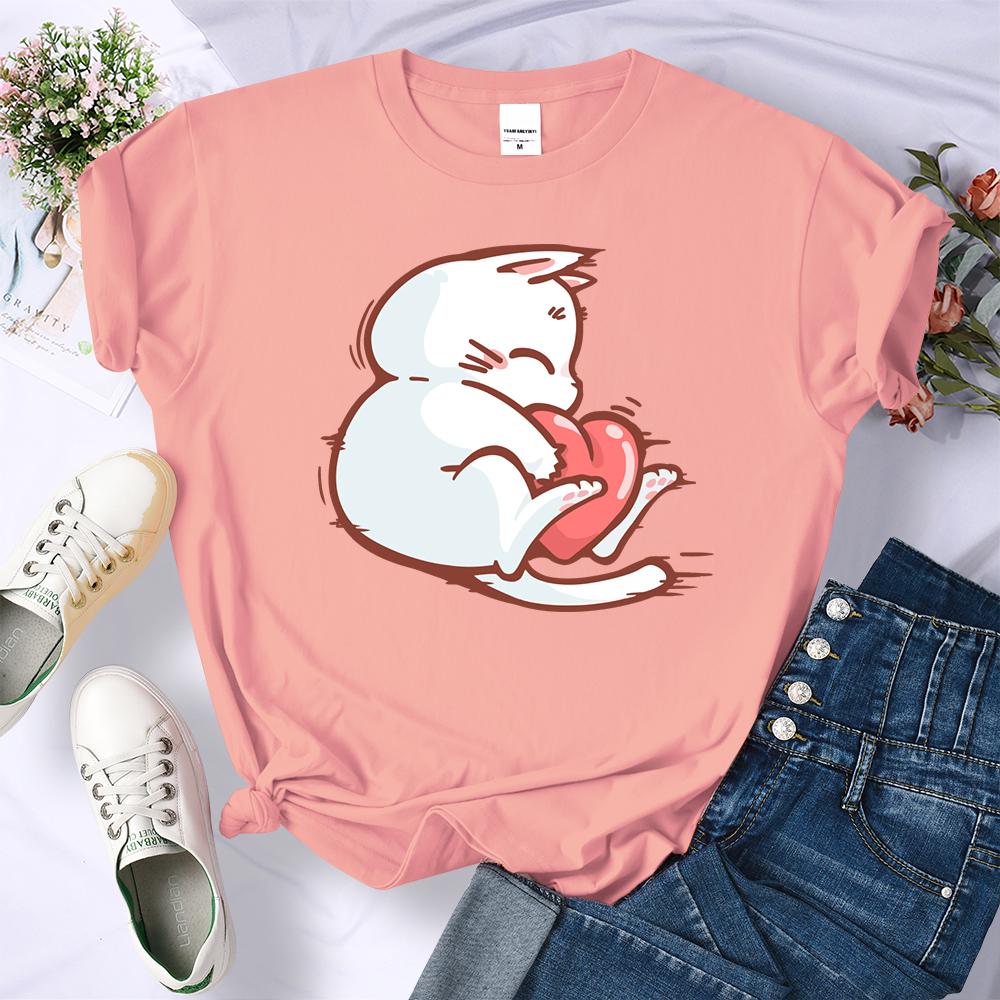 Embrace The Red Heart White Cat Летняя женская футболка с 3D-печатью в стиле хип-хоп Мягкие футболки Универсальная одежда Y2K Повседневная уличная одежда с круглым вырезом