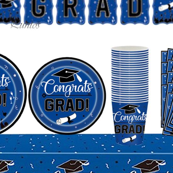 Набор одноразовых столовых приборов для выпускного вечера 2025 года. Поздравления выпускникам. Принадлежности для ужина с бумажными стаканчиками, тарелками, скатертью, баннерными салфетками.