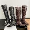 Зимние винтажные женские высокие ботинки-рыцари с острым носком, модные туфли на толстом каблуке с пряжкой-ремнем, женский уличный стиль, западные длинные боты