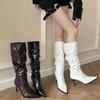 Уличный Стиль Зимние Дизайнерские Женские Сапоги до Колена Модные Остроносые Плиссированные Длинные Ботильоны Женская Обувь на Высоком Каблуке