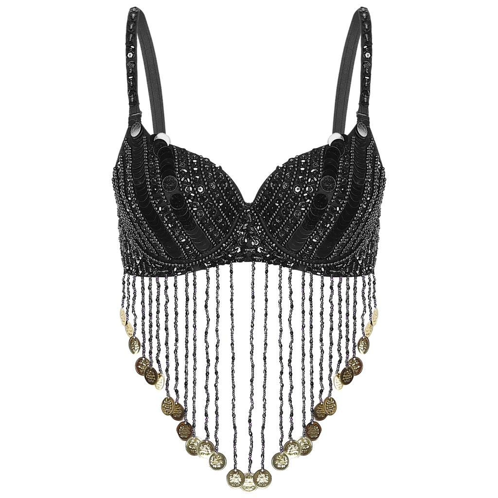 Женский блестящий бюстгальтер на косточках с блестками, бусинами, кисточками и топами для танца живота Rave