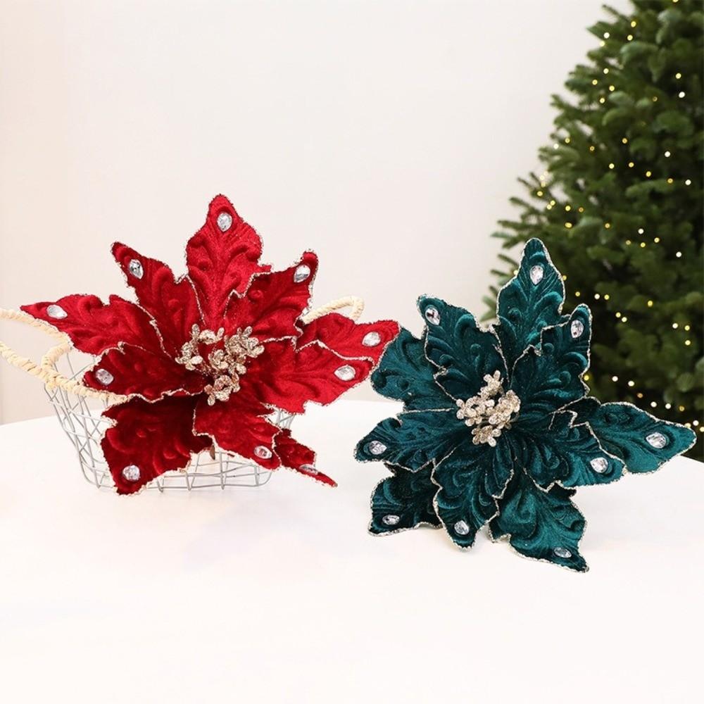 DIY Craft Velvet Christmas Poinsettia Pick Lifelike Fake Christmas Flowers Holiday Party