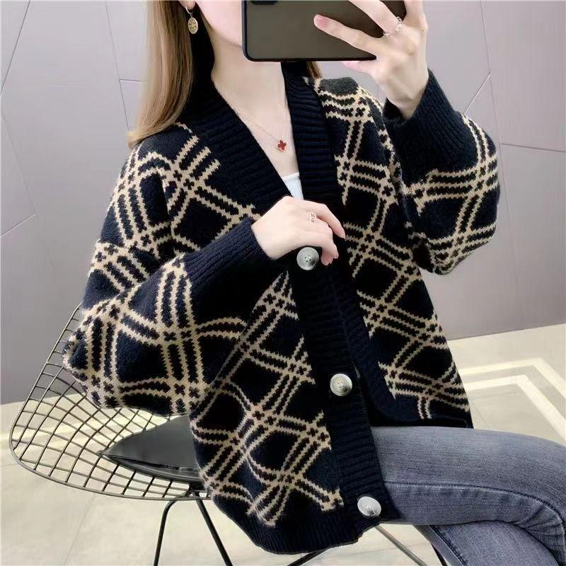 Ромбовидный контрастный вязаный кардиган, женский свитер, осень 2023, новый женский свитер, пальто, универсальный свободный свитер, кардиган, женский топ
