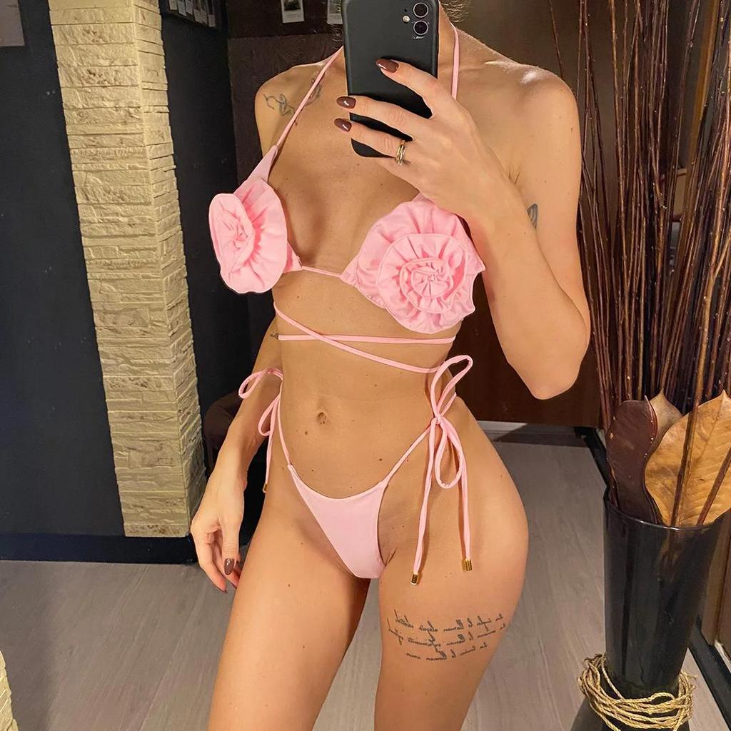 Холтер 3D Цветы Мини Микро Стринги Бикини Женский Купальник Женский Купальник Раздельный Набор Бикини Купальщик Купальный Костюм Плавать