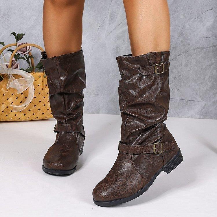 Мода 2025 Осень Зима Женские Рыцарские Сапоги Декорированные Пряжкой Ремня Ковбойские Сапоги Клиновидный Каблук Толстая Подошва Нескользящая Уличная Обувь для Женщин