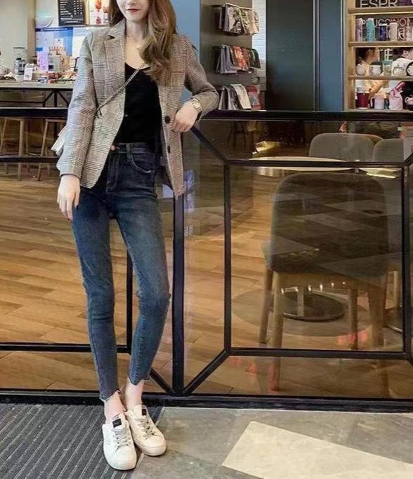 Women's Plaid Suit Jacket, Spring/Autumn 2024 Collection - Slim, Short Style, Trendy Student Look