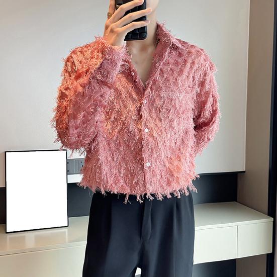 Мужская рубашка с нагрудным карманом и кисточками, отложным воротником, однобортная, с длинными рукавами, однотонная