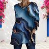Women Plus Size Round Neck Long Sleeve Marble Printed Green Blue Gold Loose Tunic Top With Pockets