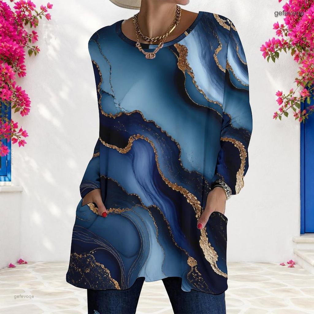 Women Plus Size Round Neck Long Sleeve Marble Printed Green Blue Gold Loose Tunic Top With Pockets
