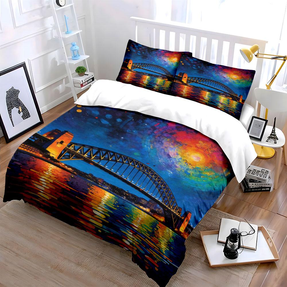 Bridge, colorful sky, reflection. Bedding sets Duvet cover sets Duvet covers Pillowcases(1 * Duvet Cover 2 * Pillowcases without duvet insert)