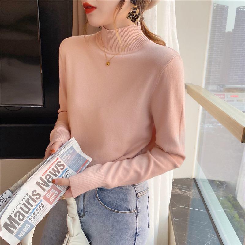 Осенне-зимние пуловеры свитера женская мода свободный полувысокий воротник базовый женский вязаный свитер топы элегантный однотонный простой женский вязаный джемпер 25730