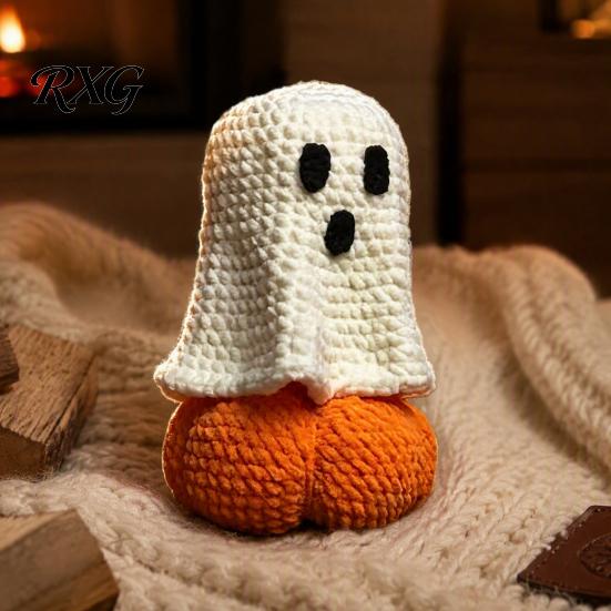 Fall Home Accents Knitted Ghost Pumpkin Ornament, Handmade Cute Crochet Figurine, Unique Birthday Gifts Festive Miniature Handicraft Ornament