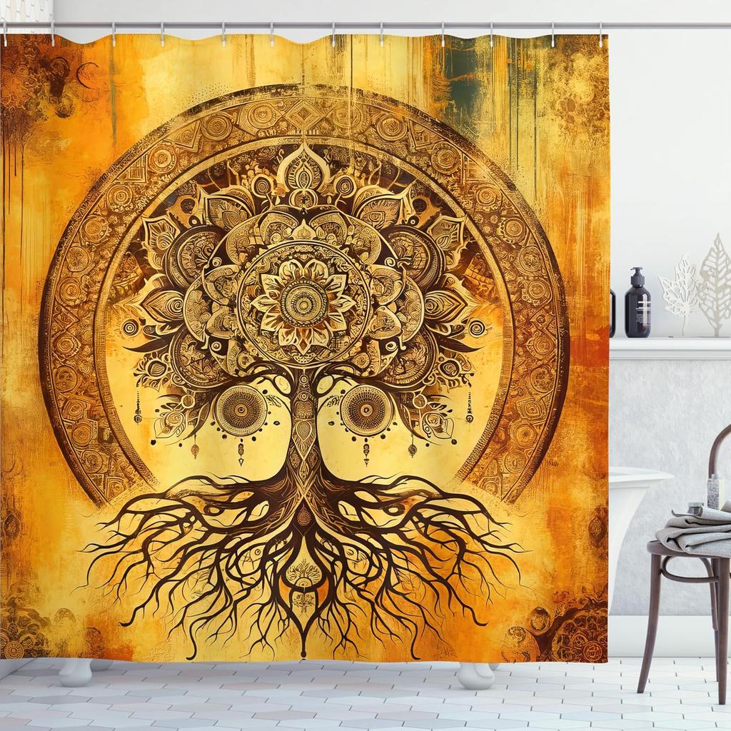 Oriental Atmosphere Warm Tone Mandala Gorgeous Life Tree Shower Curtain, Fabric Bathroom Decorative Shower Curtain With Hook