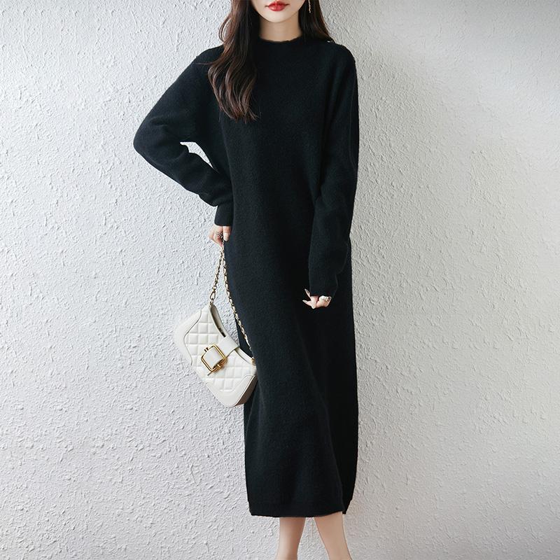Women Sweater Dress 100% Wool TIDENOVEL O-neck Knit Long Pullover Winter Jumpers Wool Long Dress Female