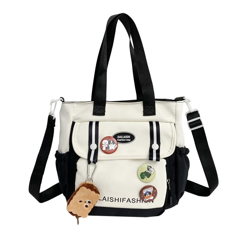 Oxford Shoulder Bag Cute Tote Bag Cartoon Handbag & Purse Pendant Badge Decor Crossbody Bags For Women