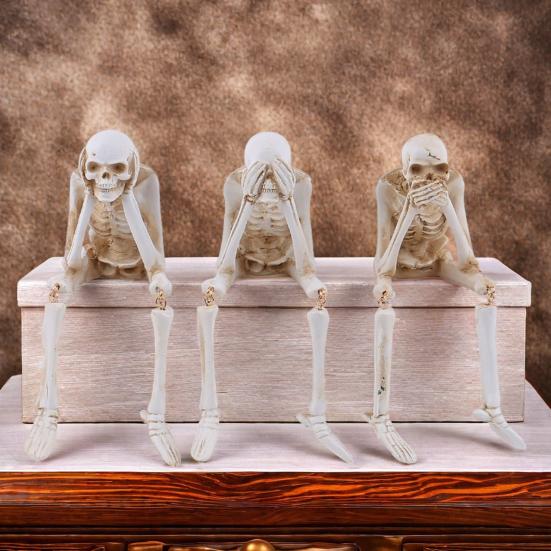Halloween Skeleton Statue Resin See Speak Hear No Evil Skeleton Figurine with Dangling Legs for Indoor Mantel Table Shelf Decor