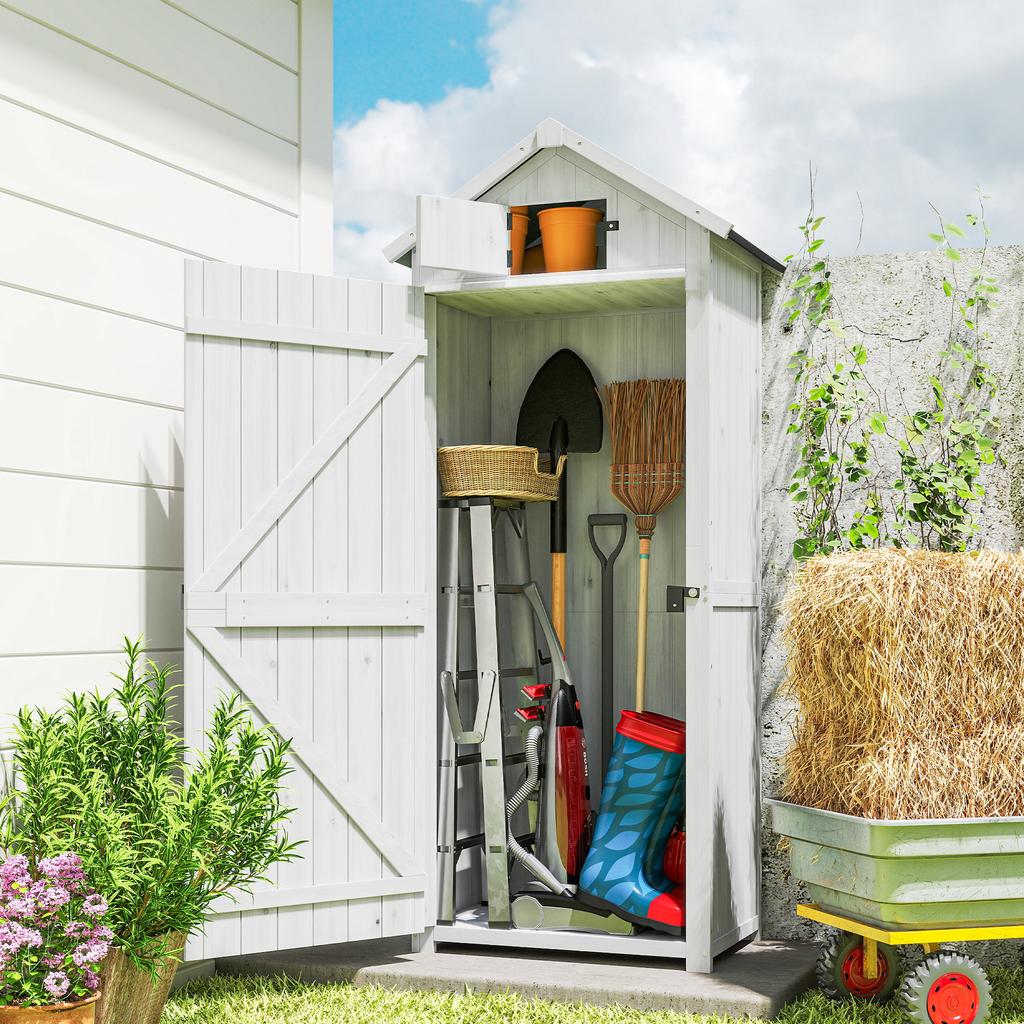Outdoor Wooden Garden Shed, Tool Shed, 3 Shelves, 2 Latched Doors, 77 x 54 x 179 cm, Light Grey