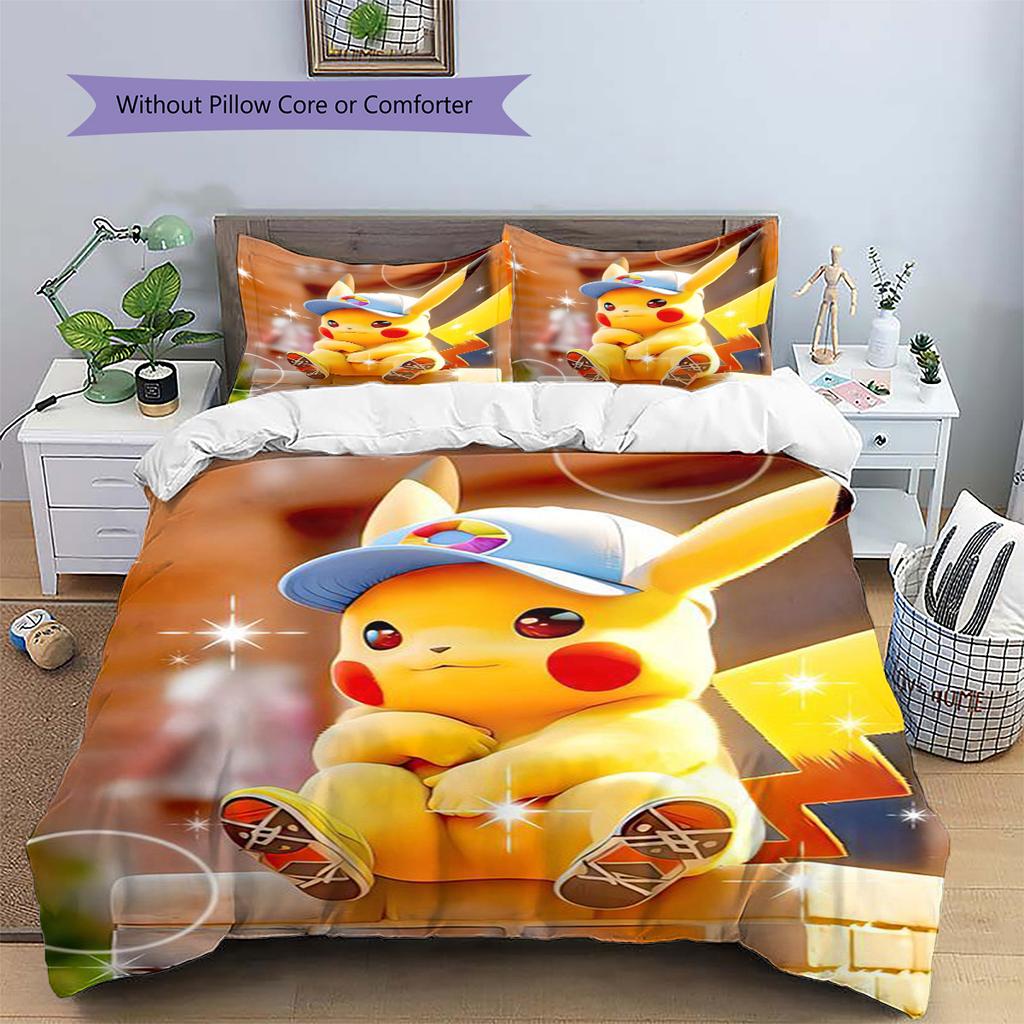 Pikachu Patterned Pillowcase & Duvet Cover Set Bedroom Aesthetic Anime Bedding Decor Great Surprise Gift for Anime Lovers.-TING