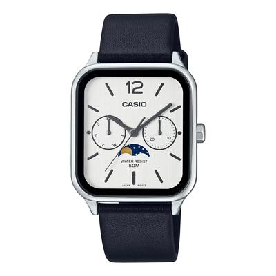 Casio Стандартные аналоговые часы с фазами Луны, черный кожаный ремешок, серебристый, модель Overseas, мужские MTP-M305L-7AV [Товар]