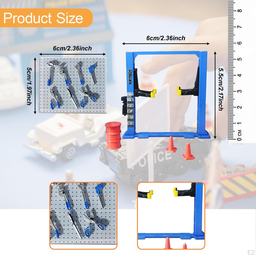 Диорама 1/64 Автогараж Инструменты для обслуживания Архитектурная модель Реалистичные дорожные конусы Подъемник Козловой кран