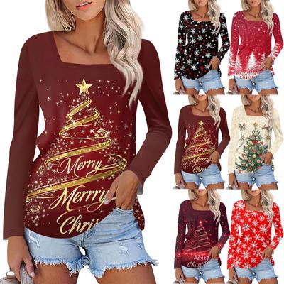Рубашка для женщин, модная, повседневная, с квадратным вырезом, длинным рукавом, свободная, с рождественским принтом, женская футболка, топ