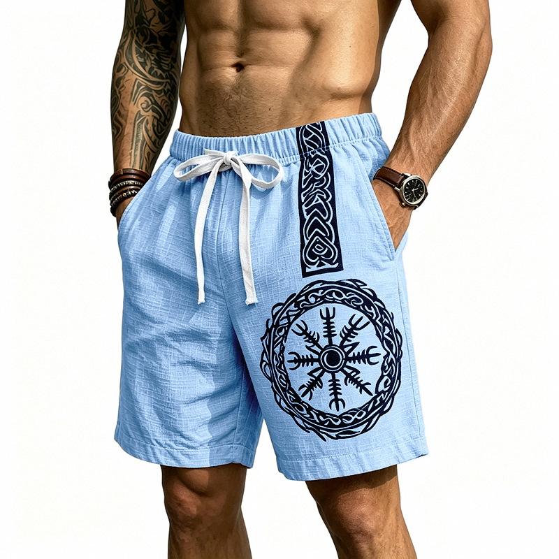 Men Nordic Viking Totem Print Drawstring Waist Casual Linen Blend Shorts