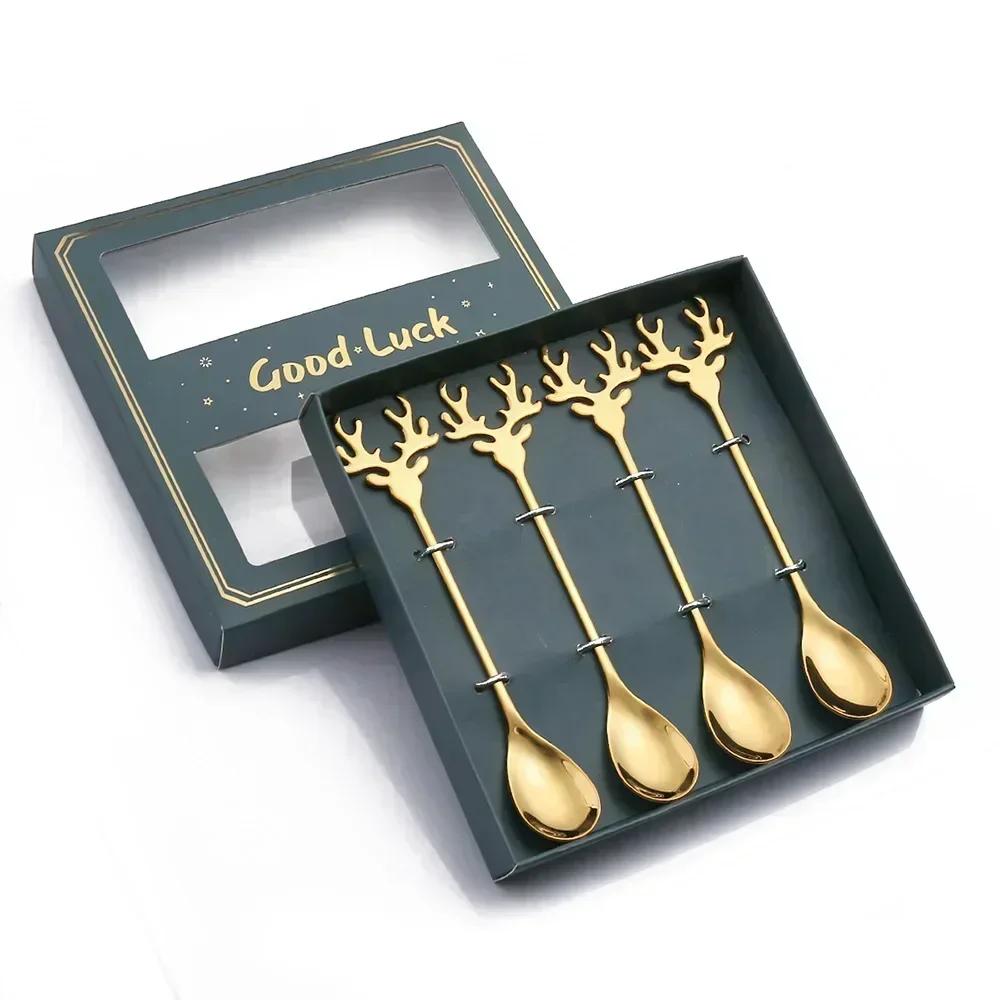 4pcs Stainless Steel Coffee Spoons Christmas Elk Head Design New Year Table Decoration Home Navidad Ornament Set