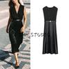 Fall New Women's Clothing Pleated Trim Double Breasted V Neck Sleeveless with Belt Patchwork Midi Skirt Dress 5029180