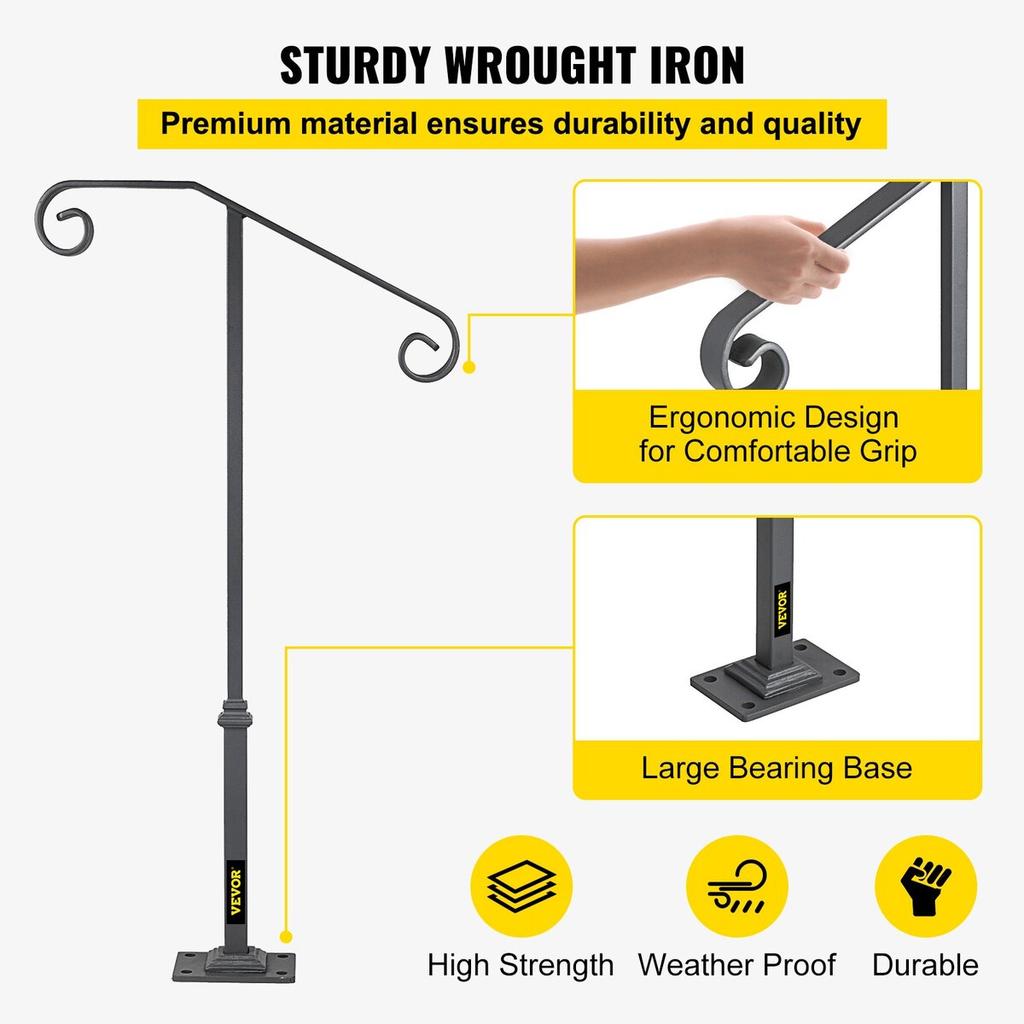 Single Post Handrail Handrail Wrought Iron Fits 1 Or 2 Steps Matte Gray