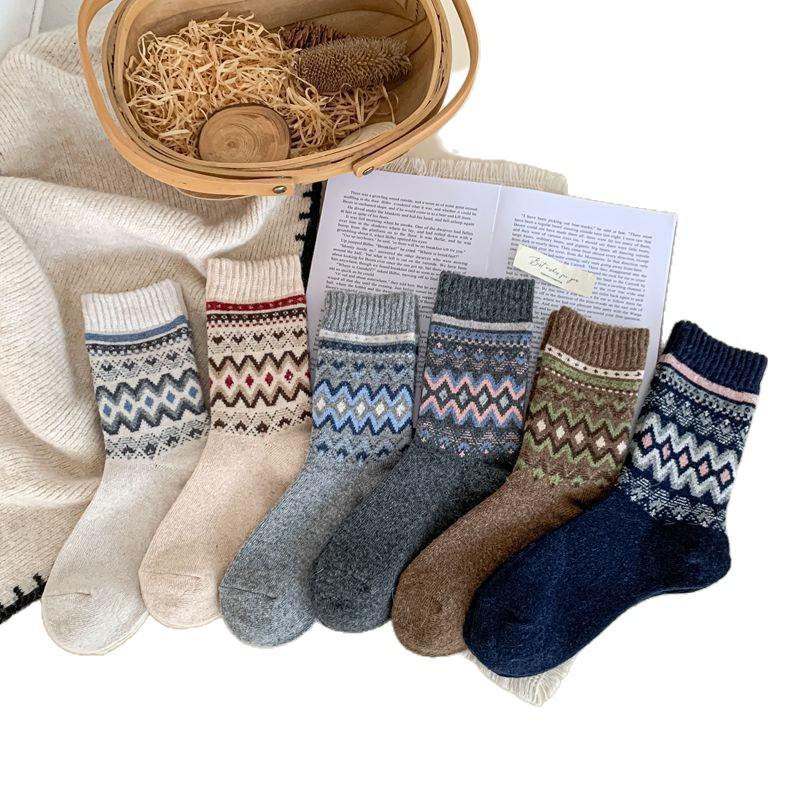 Женские ретро шерстяные носки в стиле Fair Isle - Средней длины, Плотные, Теплые, Осенне-Зимний стиль, Японский литературный дизайн