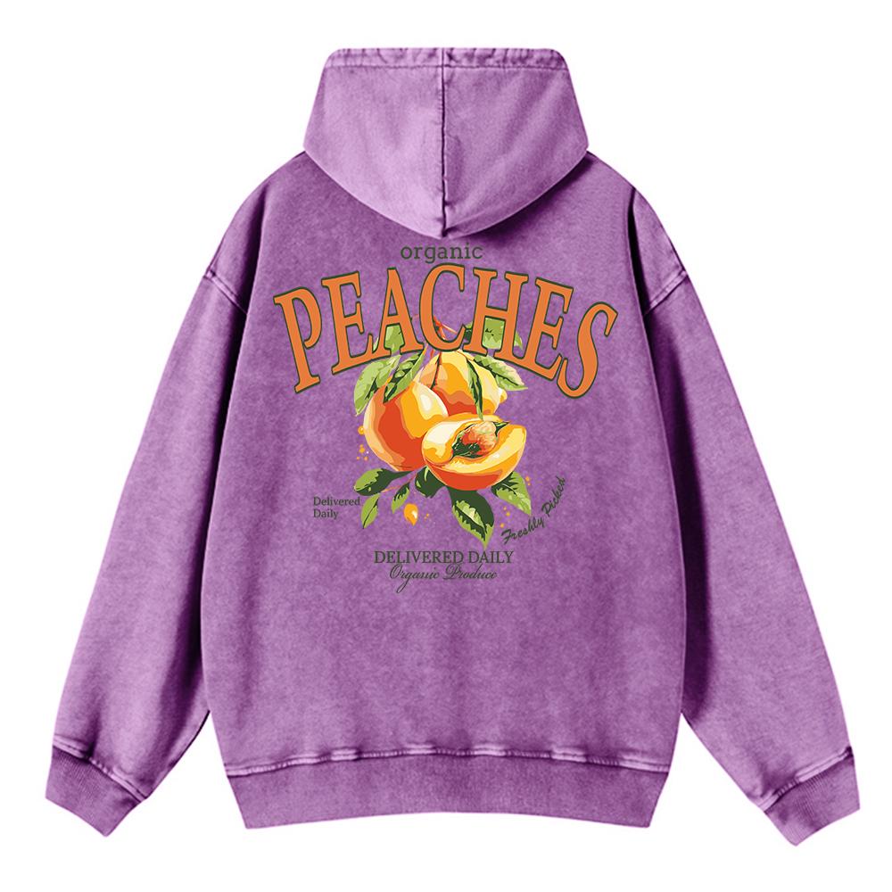 Cotton Woman Washed Hoodies Fresh Peaches Delivered Daily Printed Streetwear Oversize Pocket Warm Pullover Clothes