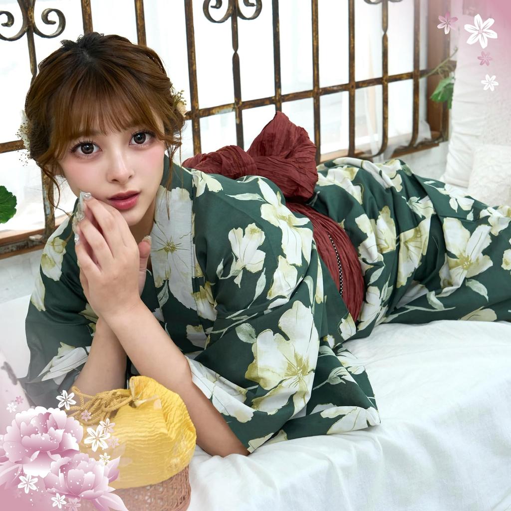 RAVIR Юката Глубокий Бежевый с Цветочным Классический Японский Пушистый Оби и Гэта Один Размер Подходит Всем Женский Комплект из 3 Предметов, Принт, Стиль, Пояс, Сандалии, Зеленый,