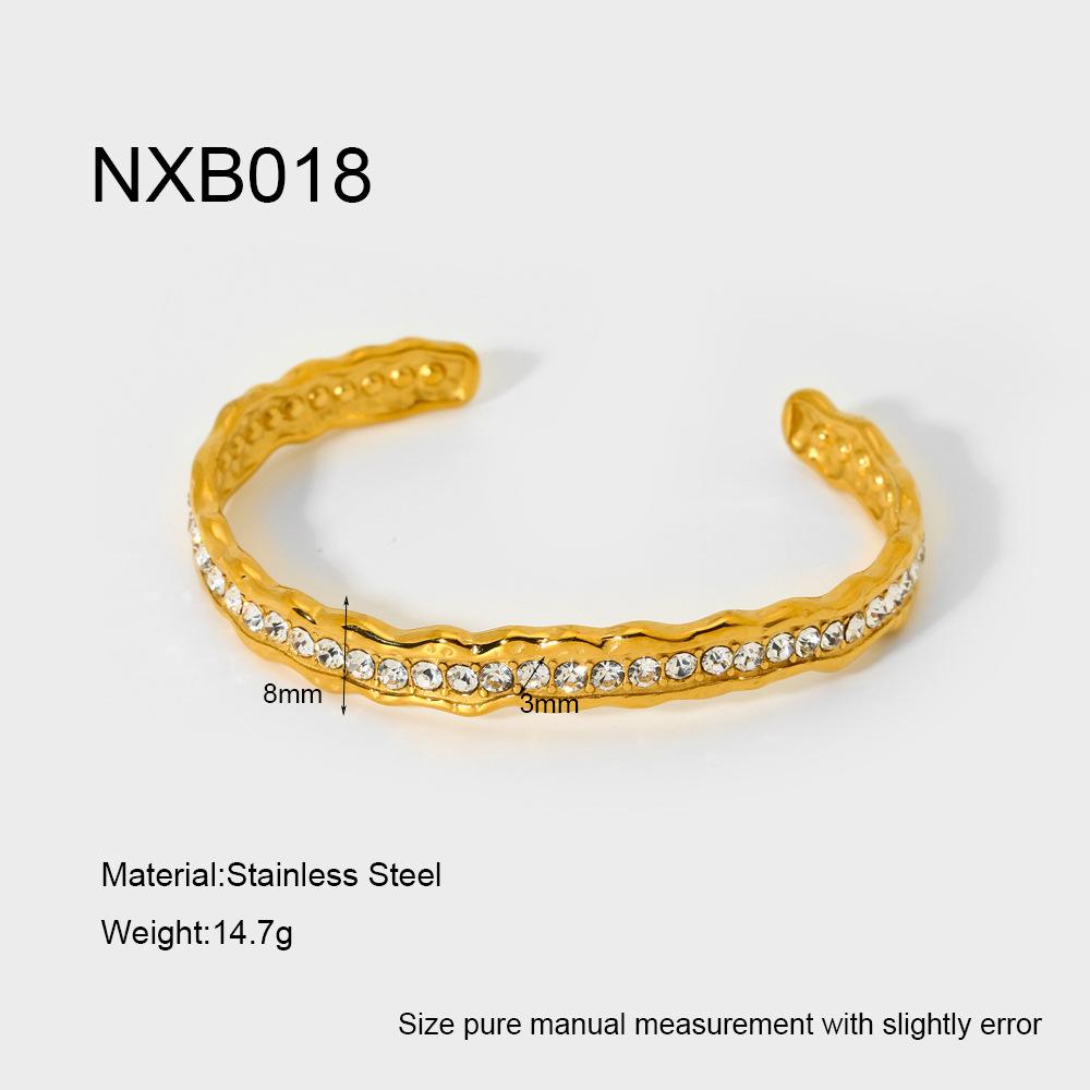 European and American ins geometric texture irregular opening bracelet women's inlaid zircon plated 18k gold stainless steel versatile jewelry