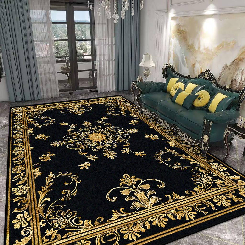Home Decoration Luxury Black Living Room Rug Antiskid Golden Border Gaming Room Carpet Big Size Soft Entrance Door Mat Washable
