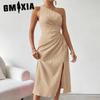 Весна/лето женские элегантные сексуальные без рукавов на одно плечо с косым вырезом однотонные платья с разрезом