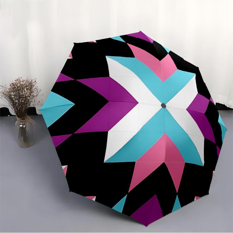 1pc Geometric Pattern Automatic Umbrella - Stylish, Durable, with 8-Rib Manual Open Design, Elegant Black Handleyy250920113