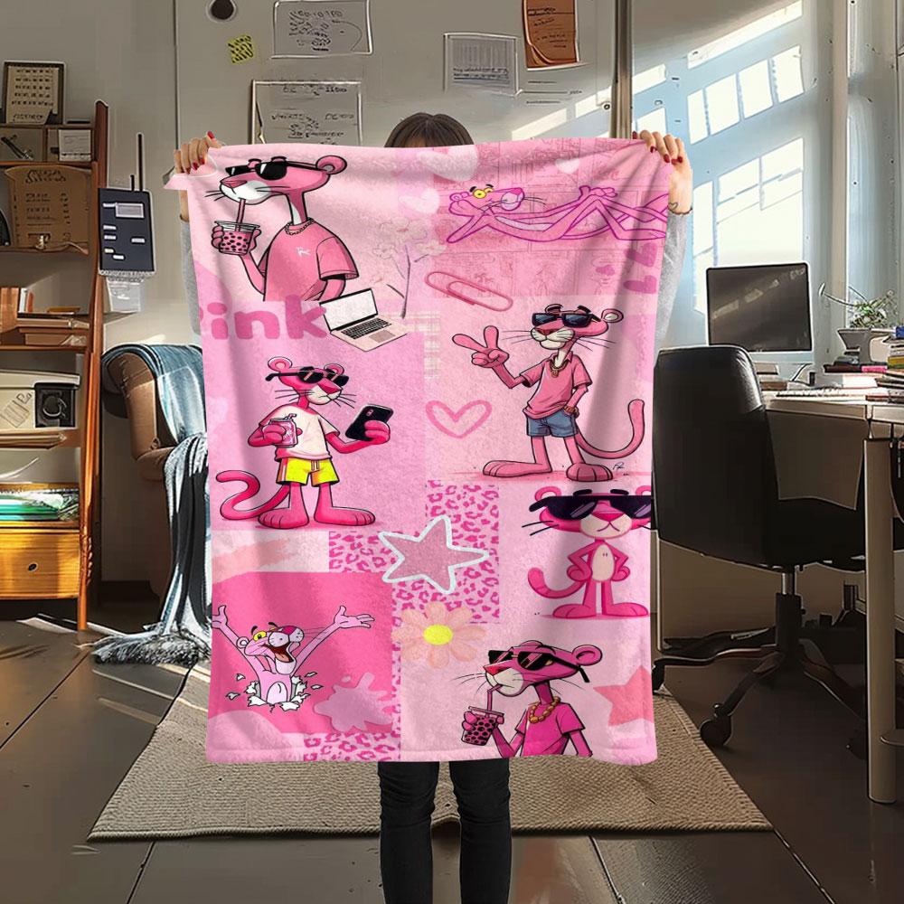 1PC Pink Panther Patterned Flannel Blanket Suitable For All Seasons for Home Decor Warmth and Comfort Gifts Holiday Present