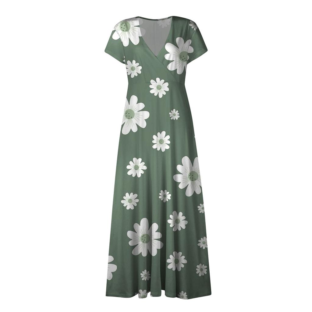 Женское длинное повседневное платье. Летнее платье с короткими рукавами и v-образным вырезом на талии с принтом.