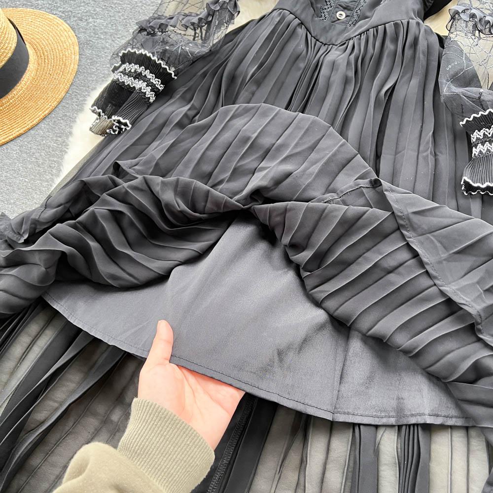 Весна-лето, вышивка, расшитая блестками, сетка, лоскутное черное вечернее платье, женские черные длинные миди, плиссированные платья