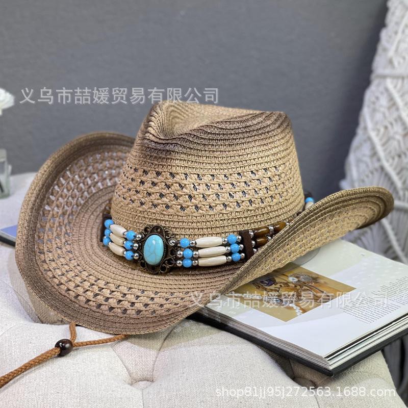 Turquoise beads with hollow denim straw hat summer outdoor travel shading western denim hat men and women