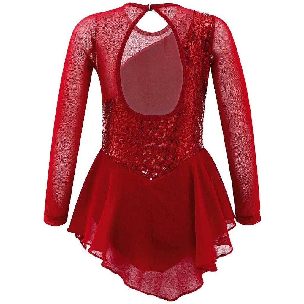 Girls Long Sleeve Mesh Patchwork Style Irregular Sequins Decor Dress Skating Dance Gymnastic Dress