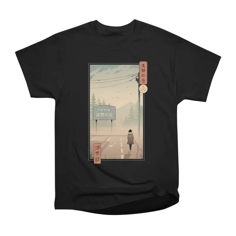 Men Casual Shirts Short Sleeves SILENT MOUNTAIN IN TOKYO Black Tees Oversized T-shirts